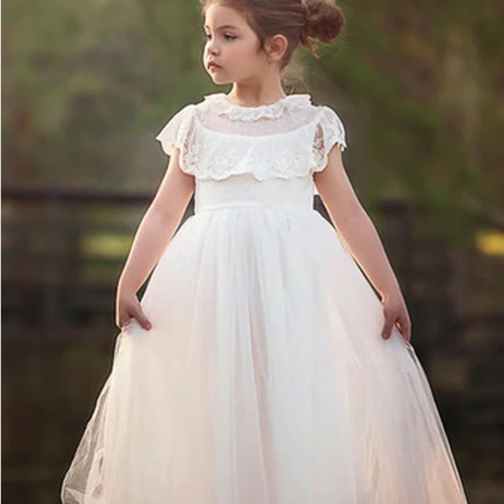 White Ruffled Tiered Gown with Flutter Sleeves